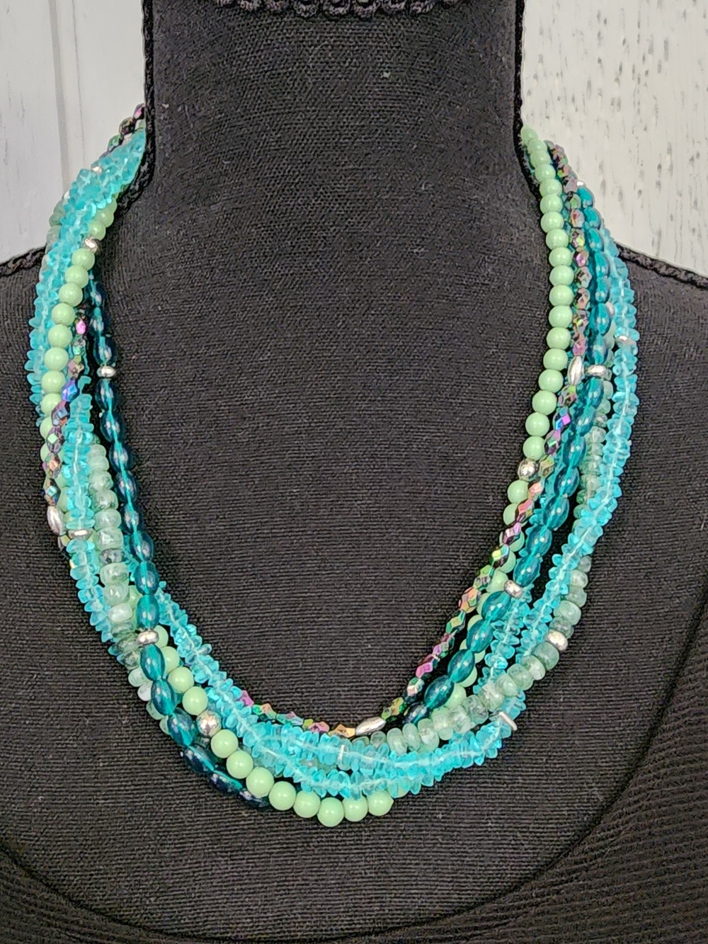 Premier Designs Multi Strand Beaded Necklace Blue Green Crystal 20-21"
